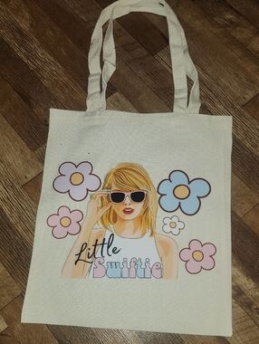 Little Swiftie Canvas Tote - Cream with Pastel Flowers. 13x15